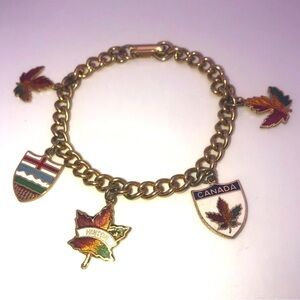 VTG Gold Tone Charm Bracelet Enamel Charms Canada Alberta 7”